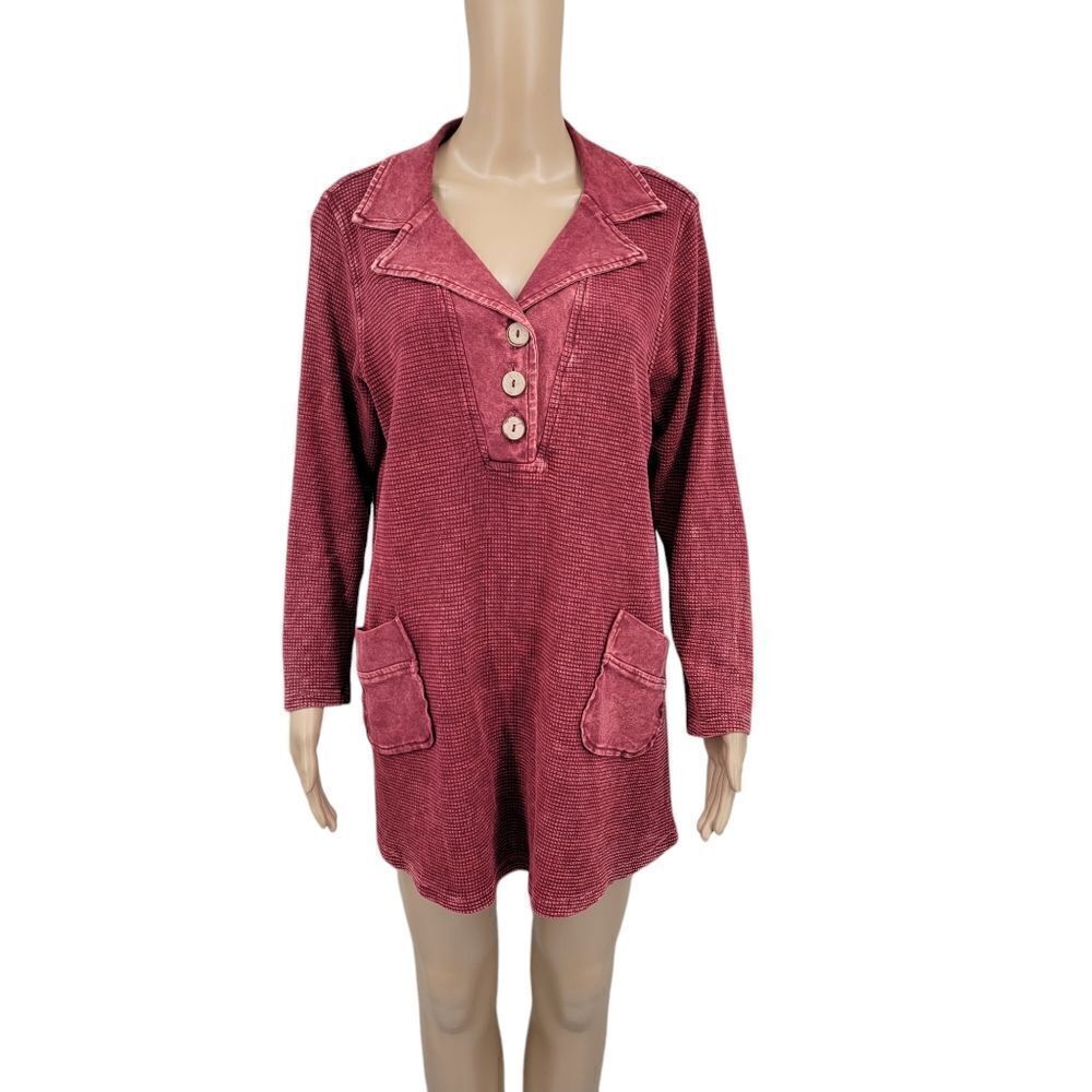 Sea Breeze Vintage Burgundy Tunic or Mini Dress Johnny Collar Fisherman Cotton